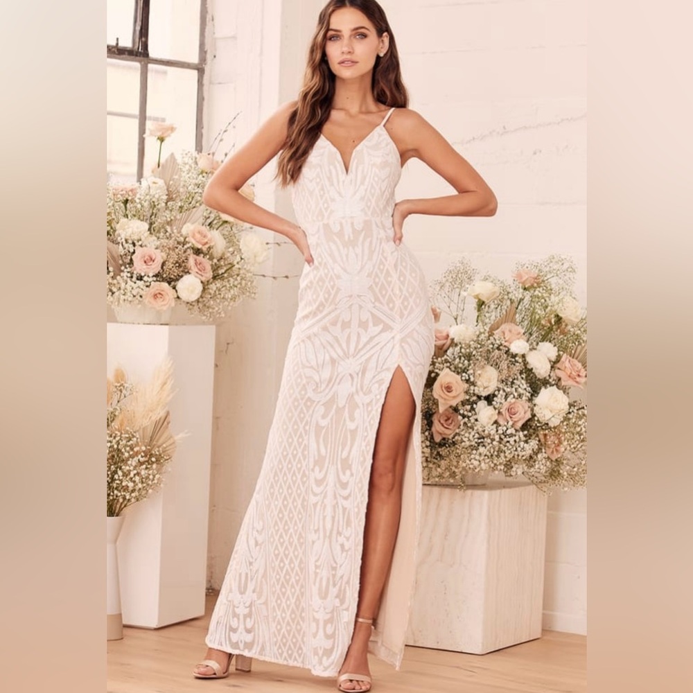 Destined for Romance Beige and White Sequin Maxi Dress